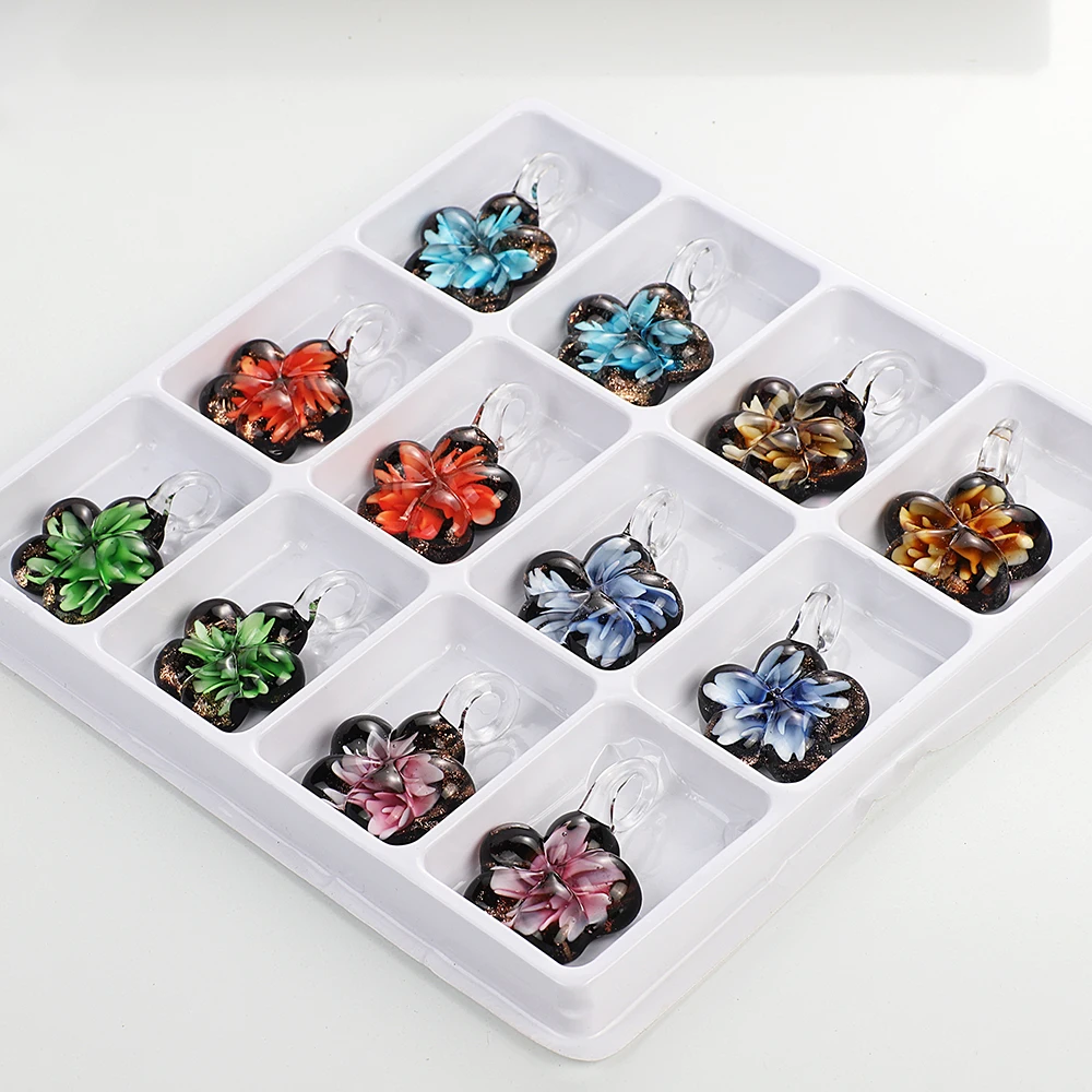 Qianbei Handmade Murano Lampwork Glass Mixed Color Stripe Flower Pendant Fit Necklace Hot Jewelry gift Fashion Wholesale 6pcs