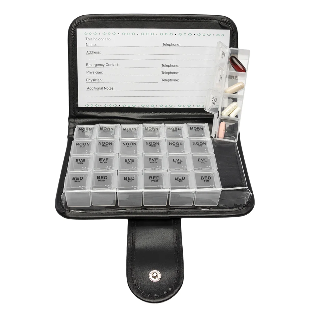 מארגן יומי 28 תאים ניידים במקרה לוח pu נייד עבור תרופות ויטמינים שבועיים 7 יום