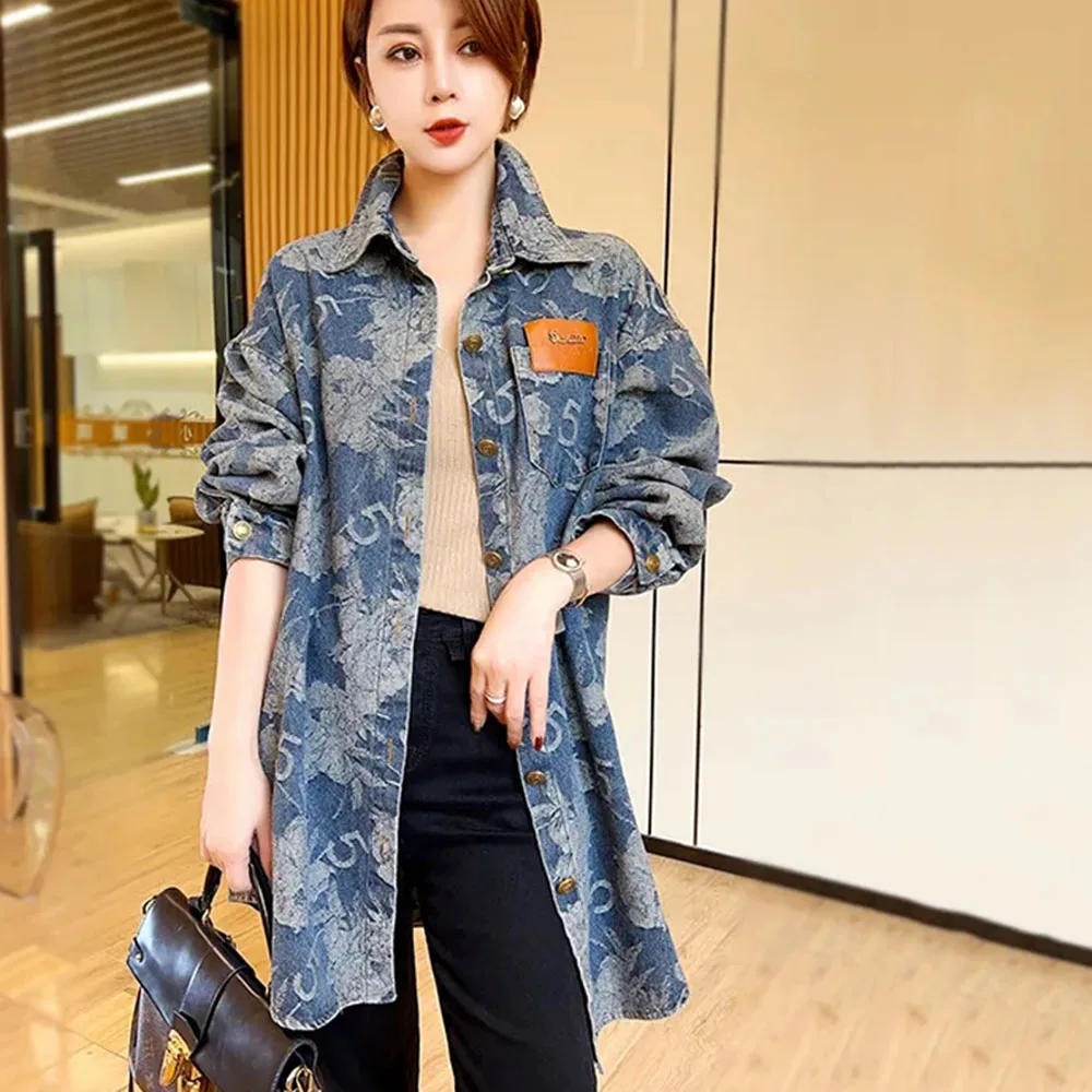 

Spring Autumn Loose Denim Shirt Fashion Vintage Female Clothing Casual Turn-down Collar Commute Printed Single-breasted Jackets