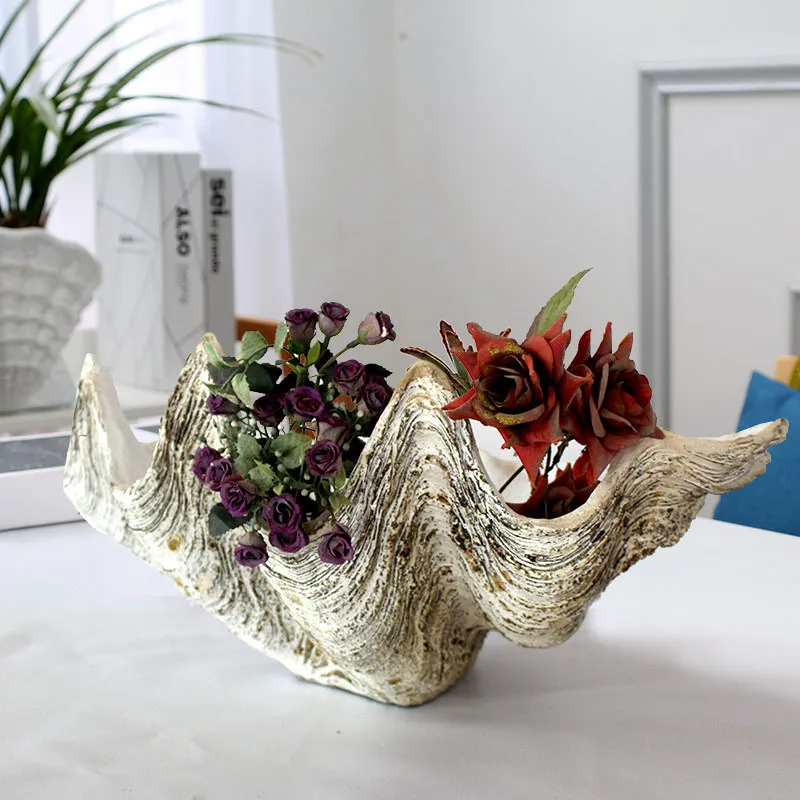 American retro handicrafts ocean shell coral flower pot ornament living room entrance balcony