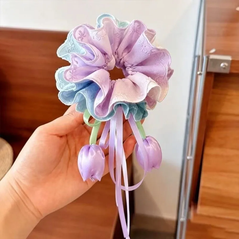 Children Hair Accessories Floral Tulip Hair Scrunchie Multicolor Elastic Ribbon Hair Tie Lightweight Handmade-feel Bun Maker