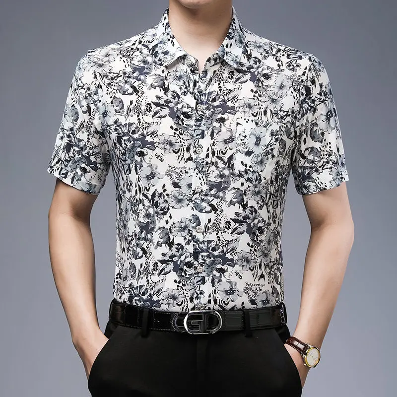 Streetwear Fashion Men Short Sleeve Black Floral Shirts Y2k Summer Quick Dry Lucky Cloud New Holiday Casual Lapel Loose Top 2023