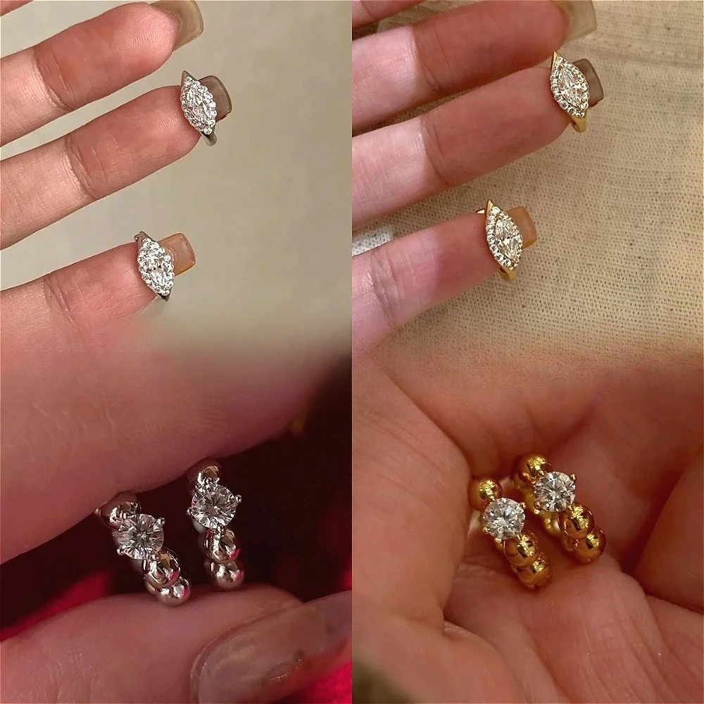 925 Sterling Silver Gold Bean Zirconia Stud Earrings for Women Ultra-Bright Trendy Luxury Pair