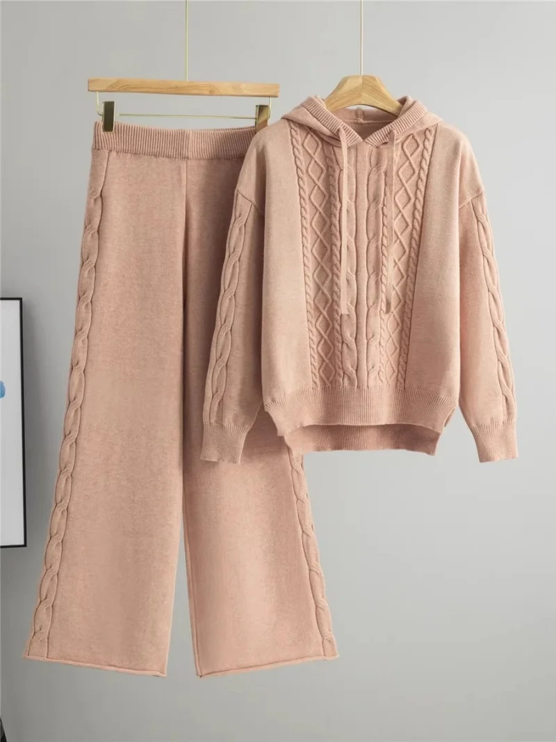 

Толстовки и свитеры, спортивный костюм с брюками, женский весенне-осенний вязаный комплект с узором «жареные тестовые спирали», повседневный комплект для женщин w2296