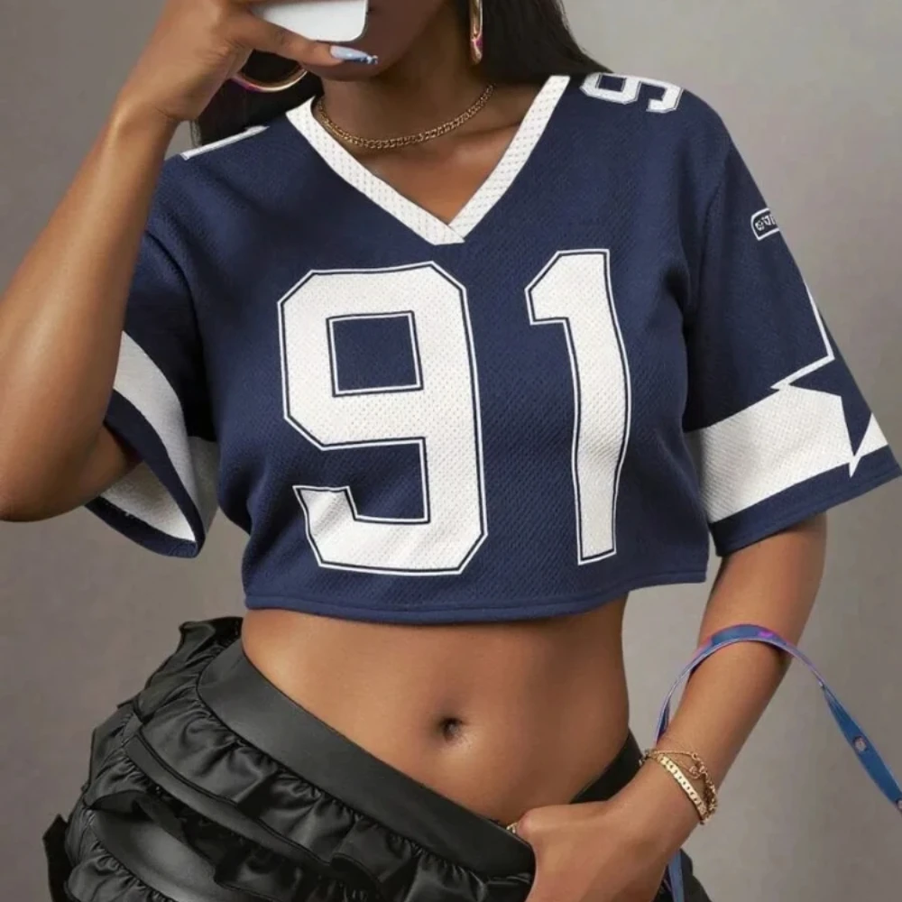 Y2k الصيف النساء موضة الرياضة تي شيرتات قصيرة الاكمام الأمريكية عادية الطباعة الرقمية بسيطة فضفاضة المحاصيل الأعلى الخامس الرقبة تنوعا الفانيلة