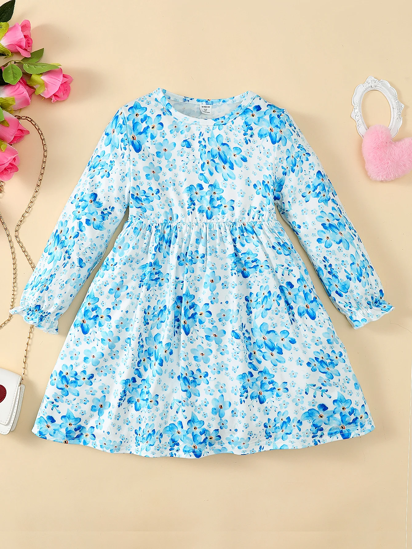 2-7 Age Girl Child Casual Dress Long Sleeved Blue Floral A-line Dress for Little Girl Autumn Outings Vacation Photography