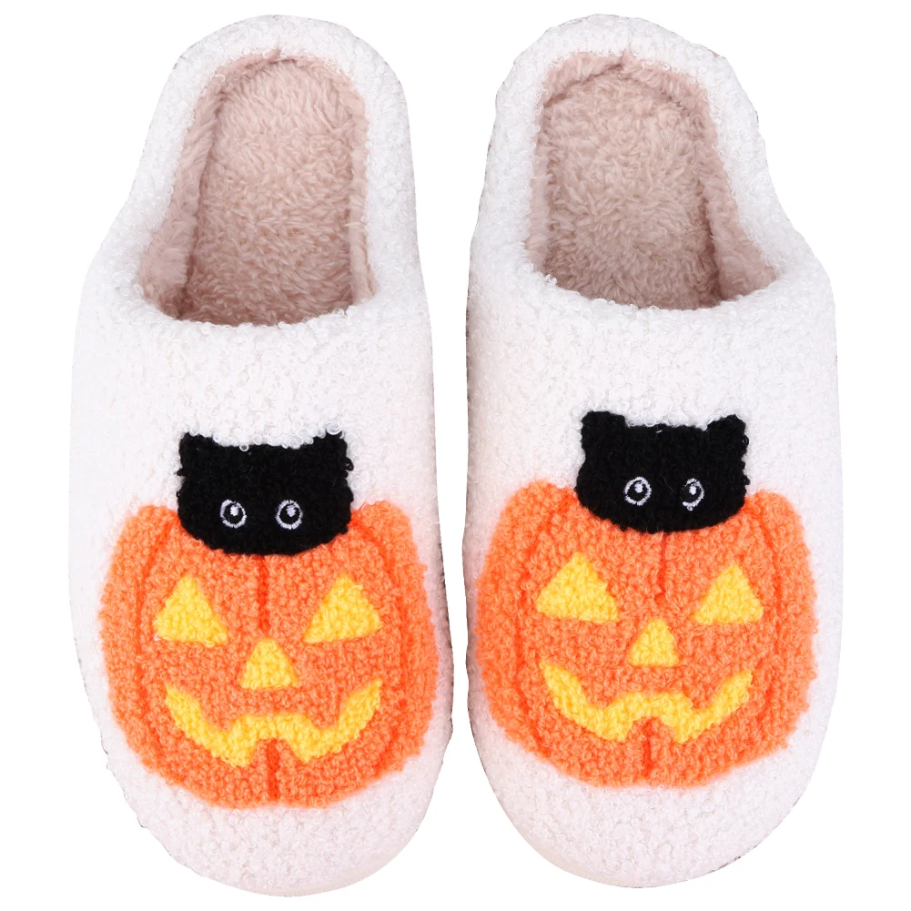 Halloween Pumpkin Cat Plush Closed Toe Slippers, Chinelos térmicos planos confortáveis, Anti Slip para quarto exterior e interior