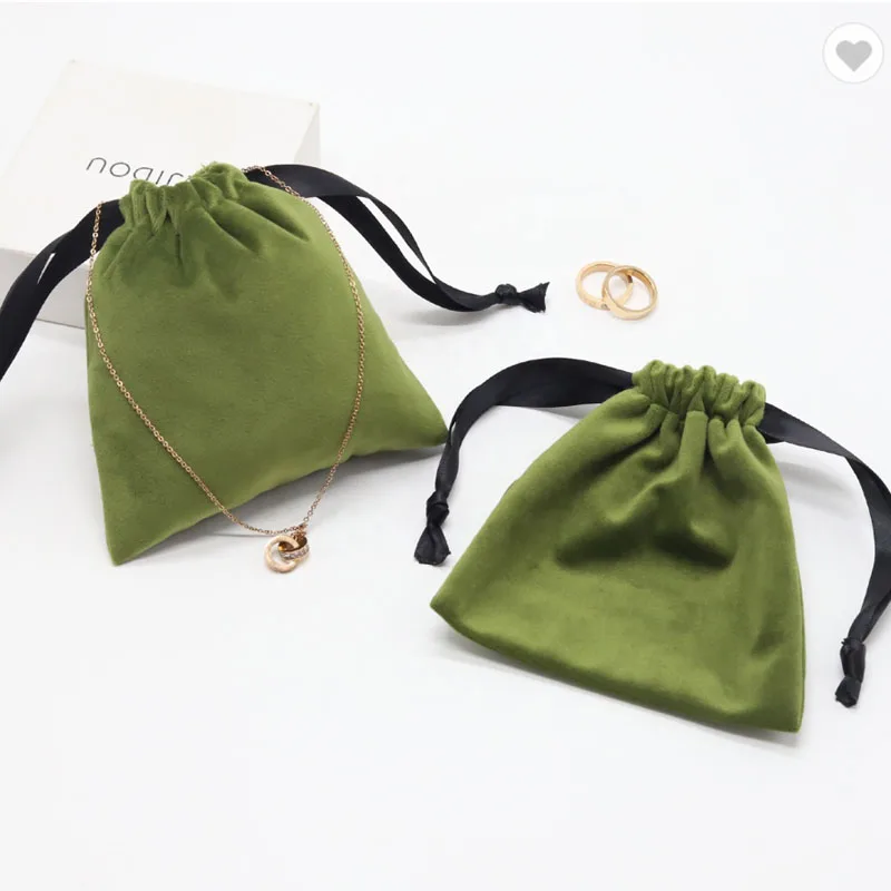 Green Velvet Gift Bags Custom Jewelry Logo Dust Sack 7x9cm 9x12cm 10x15cm Cosmetics Makeup Drawstring Pouch