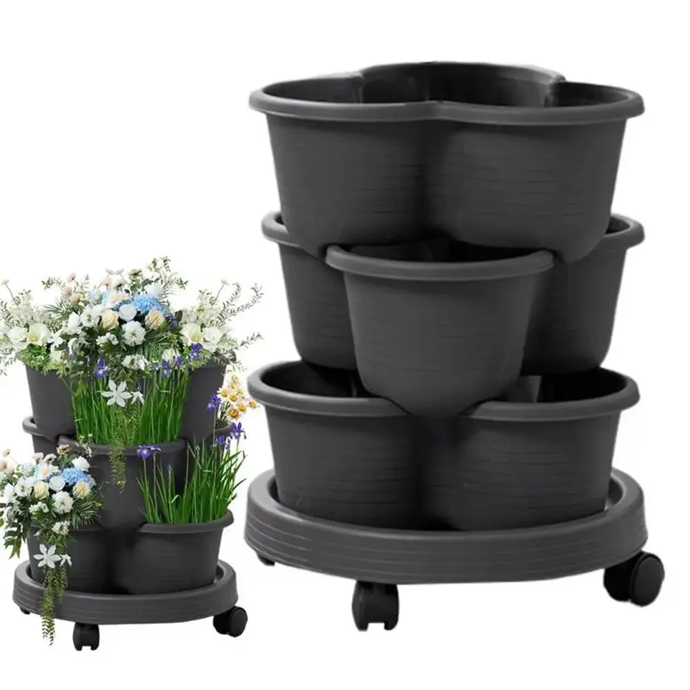 New Vertical Tower Stackable FlowerPot Multi-layer Plastic Flower Pot with Movable Casters Strawberry Planter Tower Home Garden