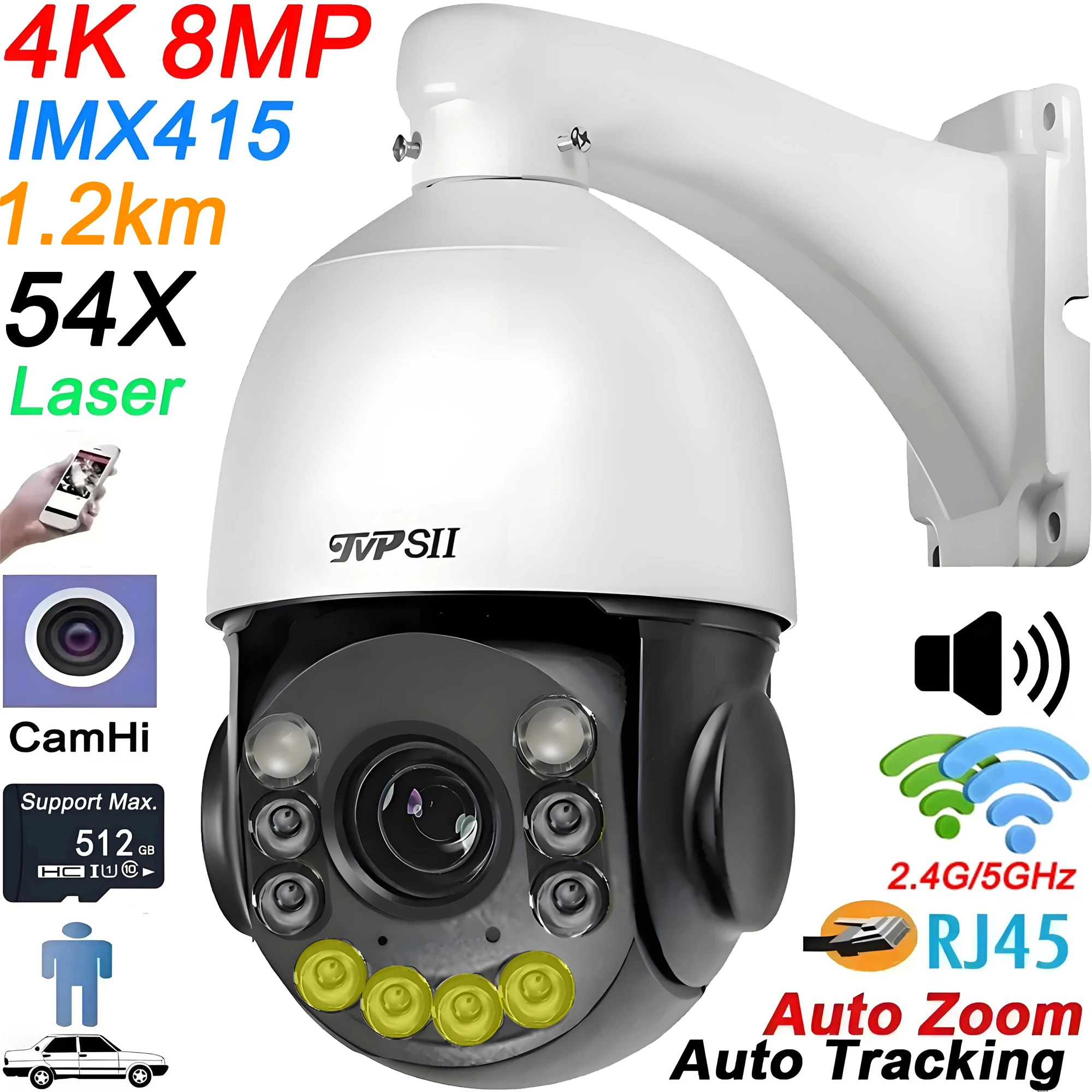 Metall Laser Infrarot Voll Farbe Auto Tracking CamHi 8MP 4K 54X Optischer Zoom 5,0G 2,4 GHz Audio PTZ Speed Dome Lan WIFI IP Kamera