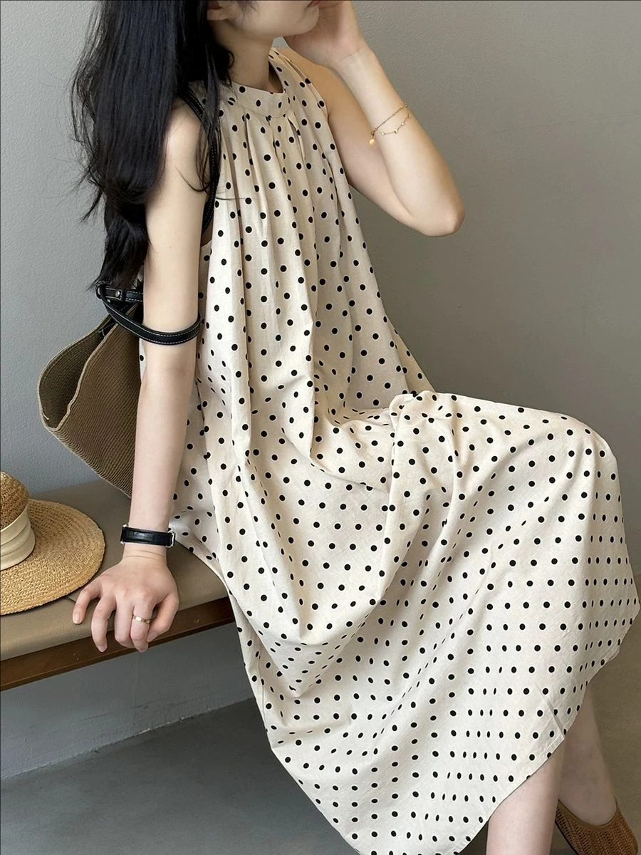 Abito estivo a pois Abito da donna pigro per le vacanze con cinturino francese Abito lungo a trapezio Design senza maniche T-shirt lunga Abito girocollo