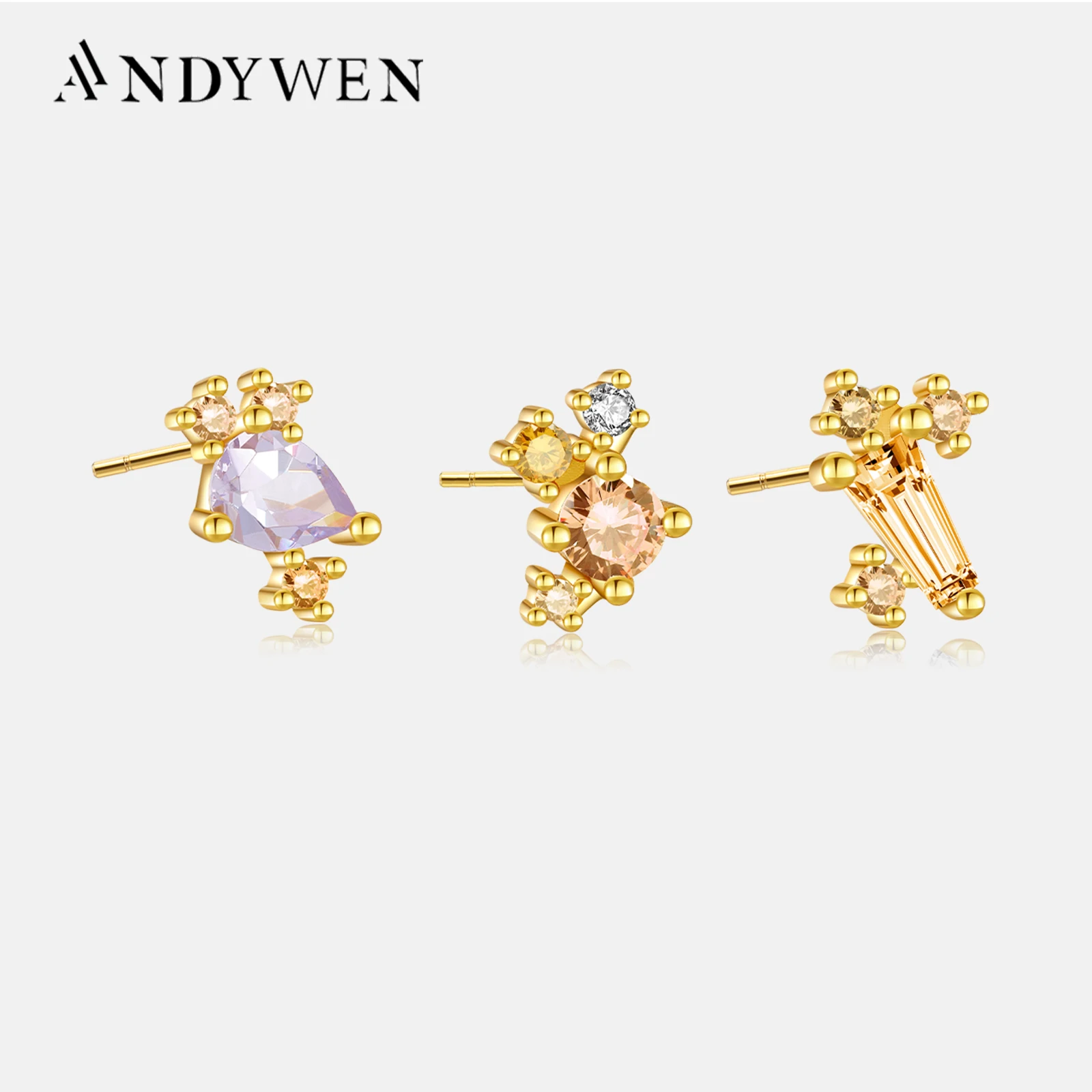 

ANDYWEN 925 Sterling Silver Gold Stenity Earring Set Luxury Stud Earing Piercing Pendiente Clips Luxury Wedding Jewels Wholesale