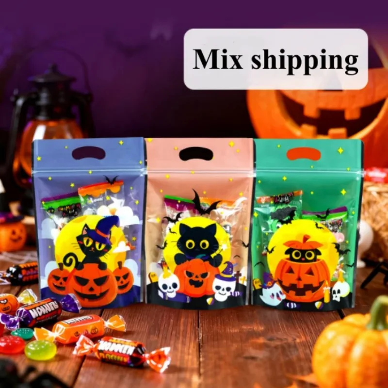 

50PCS 6.1*8.9in Stand-up Plastic Clear Front Ziplock Bag DIY Christmas Halloween Snack Coffee Candy Handle Packaging Pouches