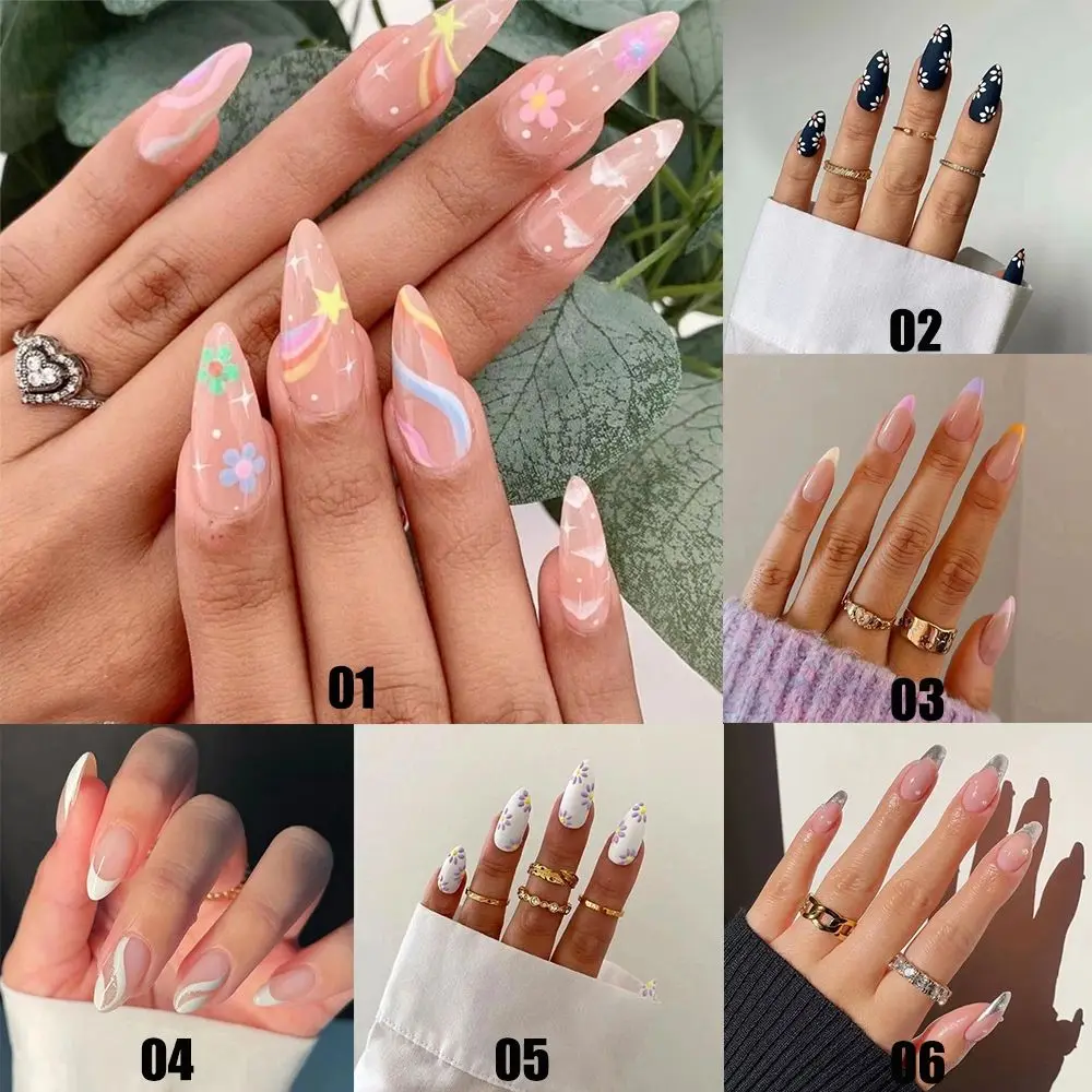 24 ピース/箱取り外し可能なマニキュアツールフルカバーウェアラブルフラワーアーモンド付け爪ネイルチップフレンチスティレット付け爪
