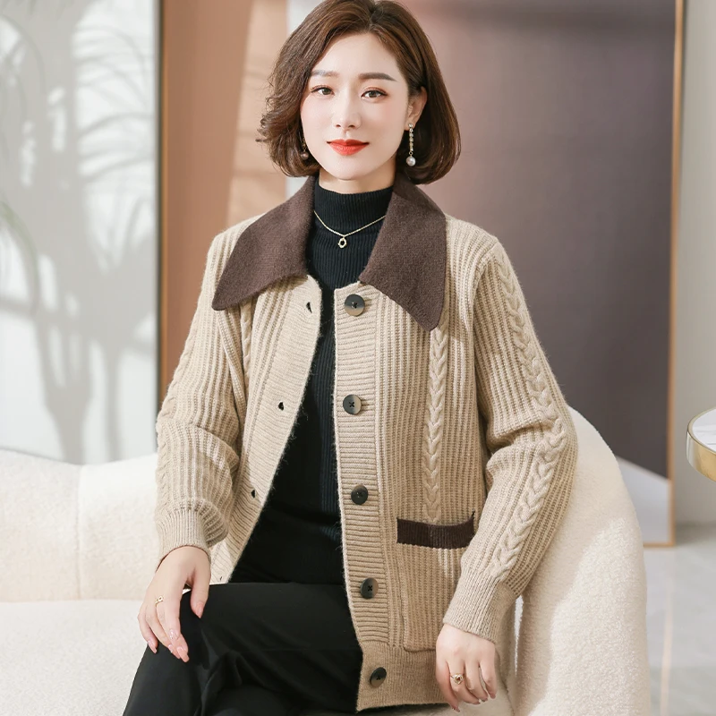 

Casual Cardigan with Large Lapel for Ladies Long-Sleeved Sweater Matching Color Single-Breasted Autumn and Winter New 2023