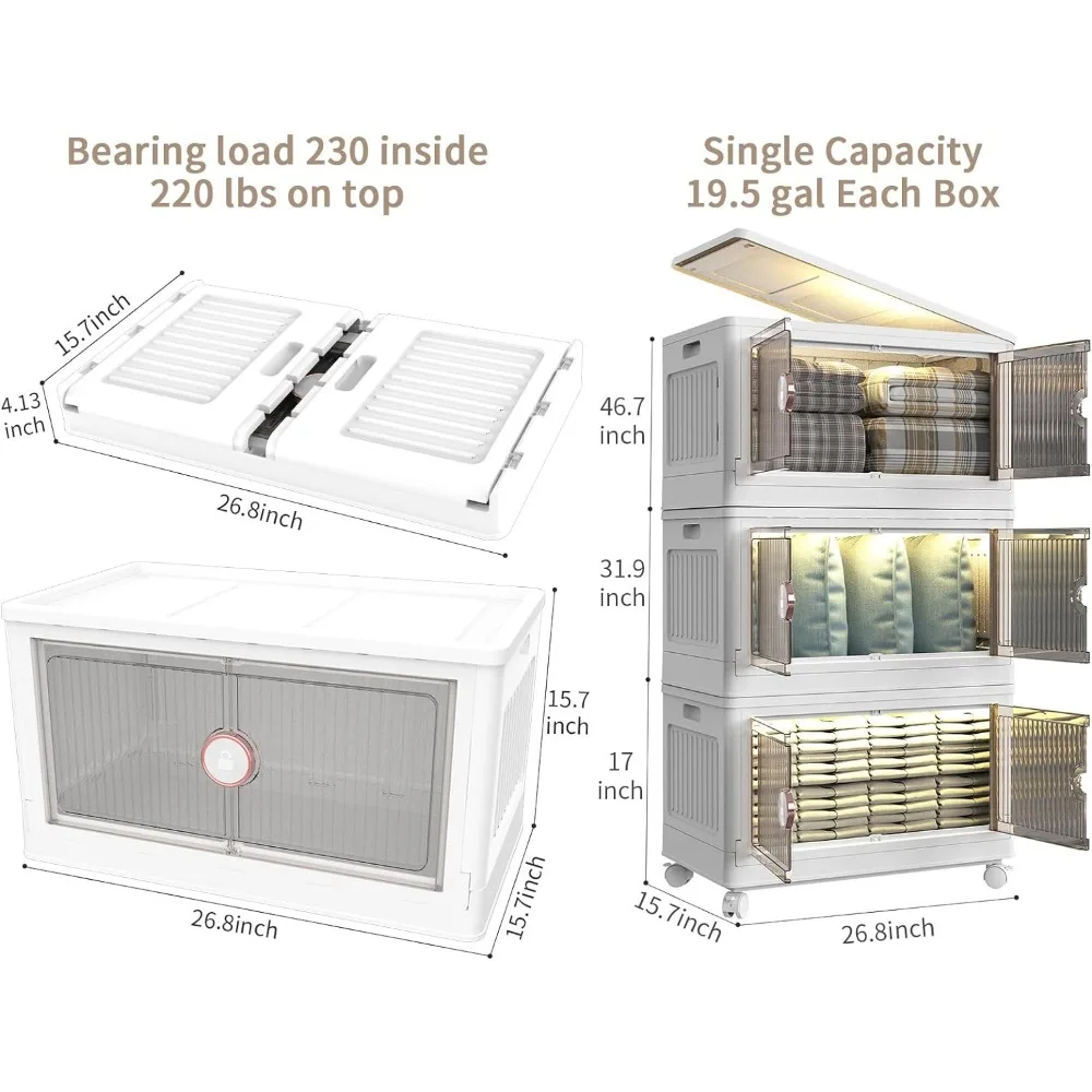 LED Light 19.5Gal 3 Tier Plastic Storage Bins Sterilite Storage Bins with Door and Lock Closet Organizers and Storage Cabinet