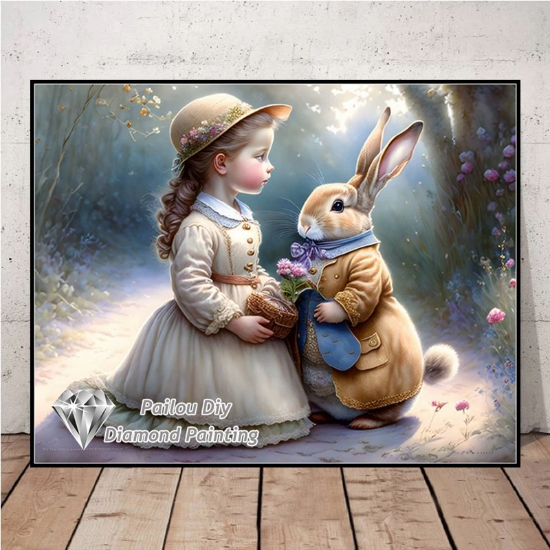 Diy 5d Fantasy Bunny królik diamentowy artystyczny obraz ładna dziewczyna zwierzęcy haft z krajobrazem haft krzyżykowy wystrój domu