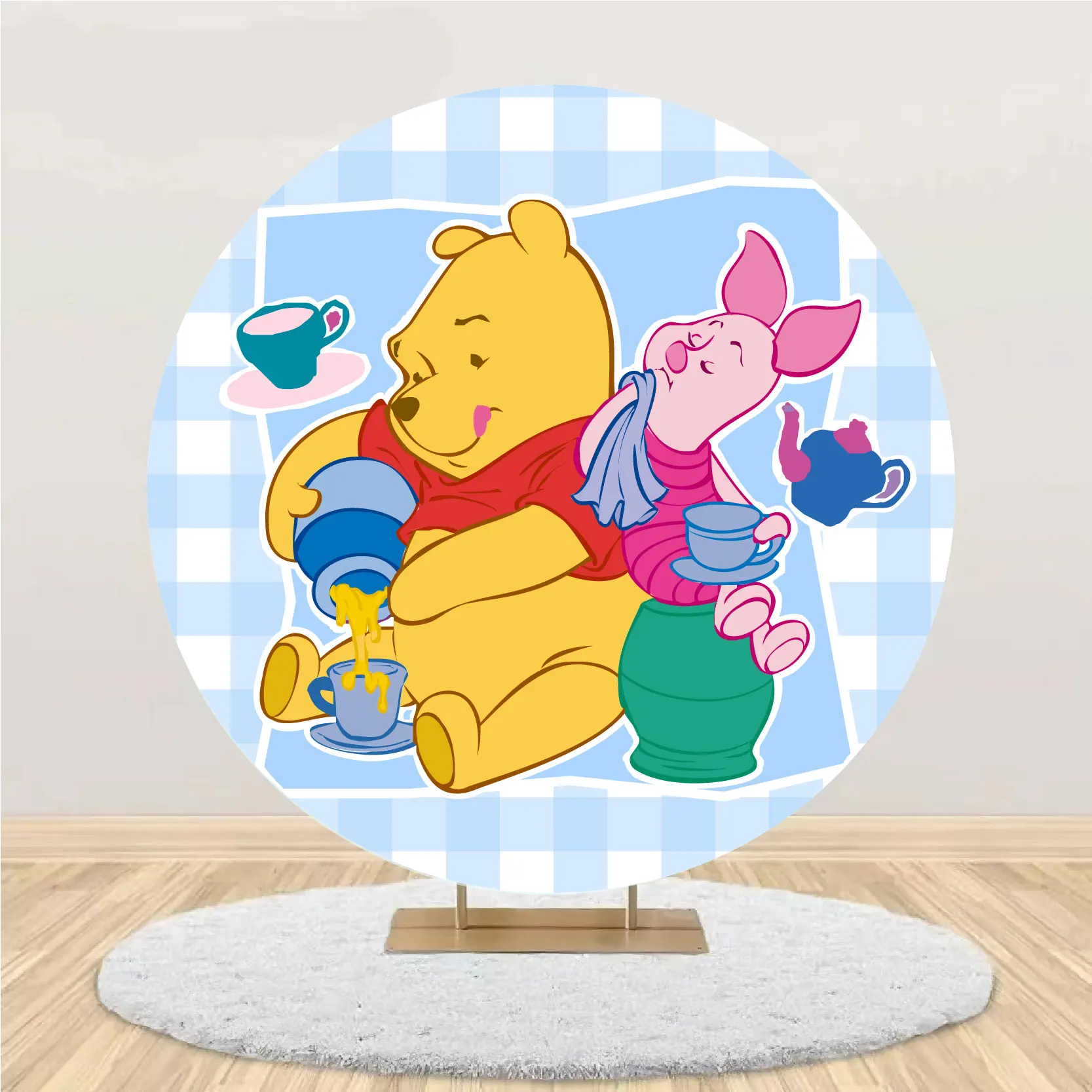 Winnie The Pooh Round Backdrop Cover Baby Shower Decoration Tigger Theme Kid's Birthday Party Background Banner Elastic Fabric