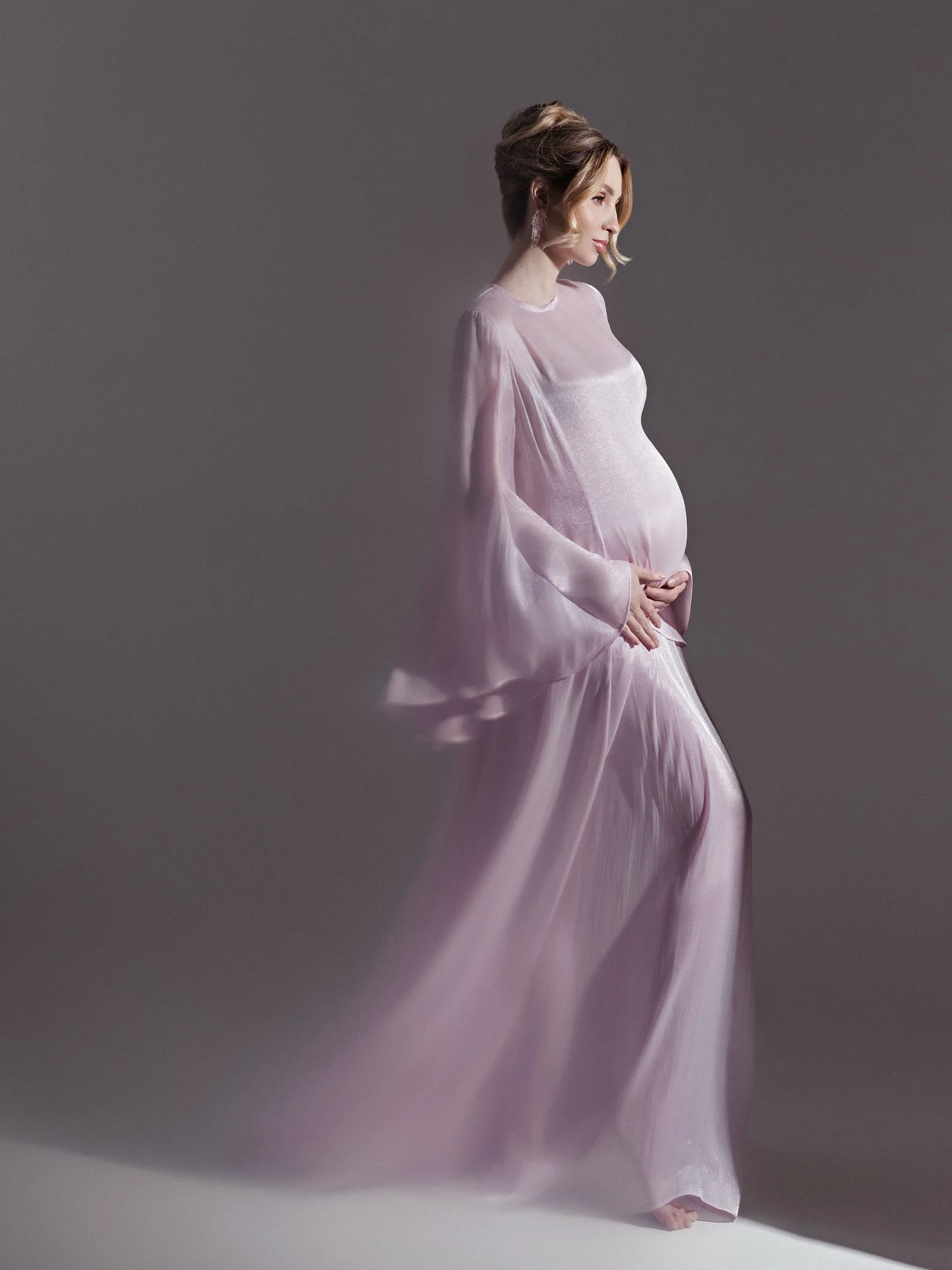 Pastel Pink Boho Maternity Maxi Dress with Flowy Bell Sleeves, Chiffon Sheer Summer Dress, Summer Style, Elegant Photo‑Shoot