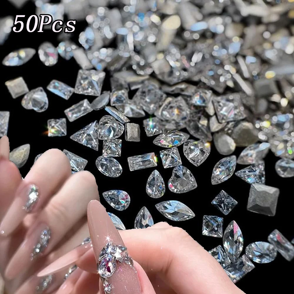 50Pcs Mixed Size Flat Bottom Zircon Diamond Nail Charms 2-3mm Gemstones Mini Nail Art Rhinestone Multi Shapes Crystal Nail Gems