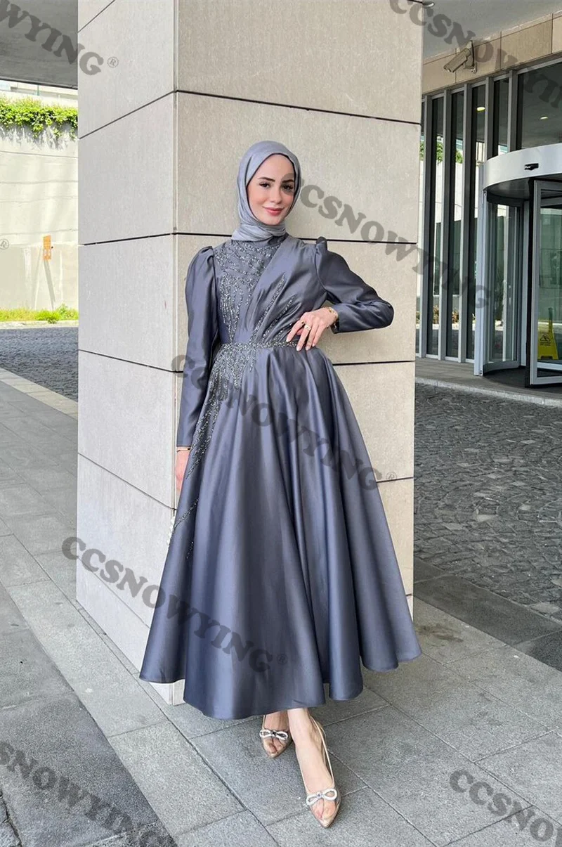 

Satin Beaded Hijab Muslim Evening Dresses Islamic Long Sleeve High Neck Formal Party Gown Women Arabic Dubai Robe De Soiree