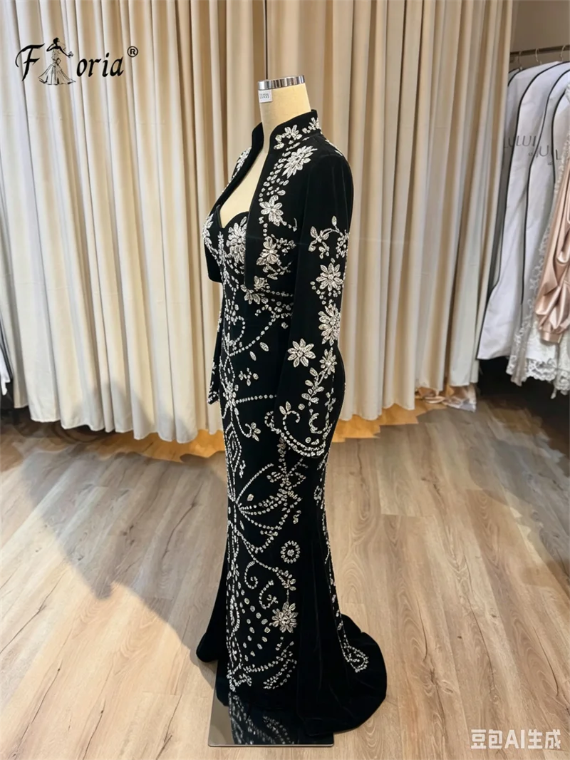 

Floria Black Velvet Mermaid Evening Dress 2 Pieces Sweetheart Neck Fully Crystal Beaded Jacket Formal Party Prom Gown Customized