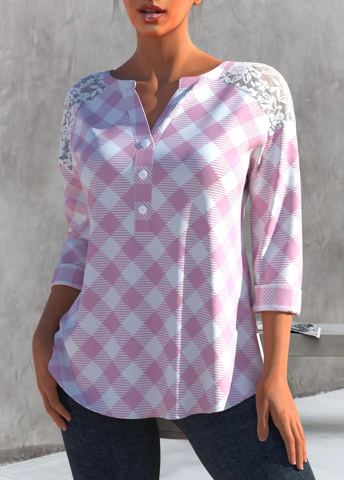 Picture 3: Plus Size Plaid Print Split Neck Button Up 3/4 Sleeve Lace Stitching Blouses