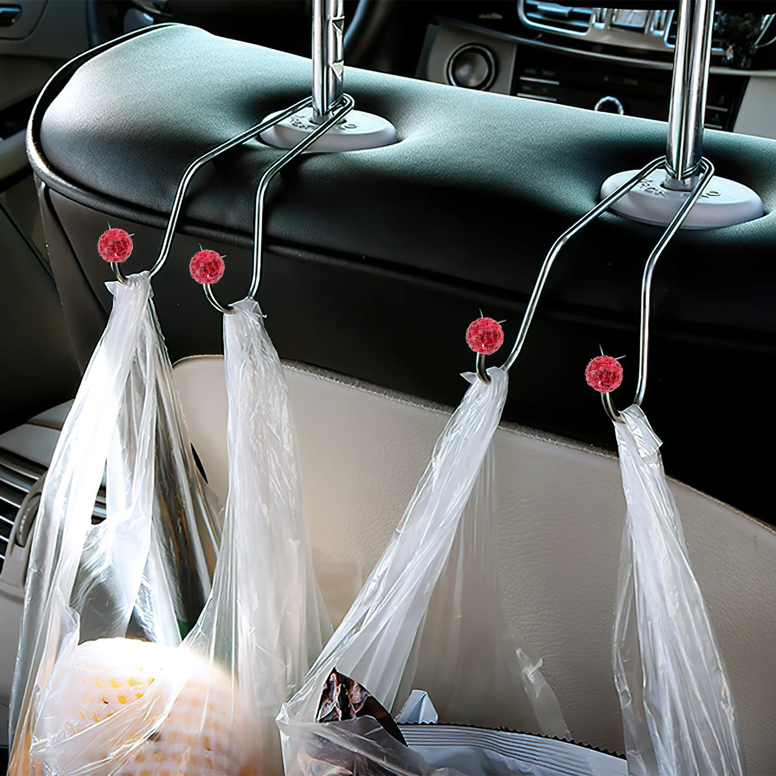 

4Pcs Car Back Headrest Hangers Heavy Duty Stainless Steel Hooks for Bags Groceries Umbrella Red Car Accessories