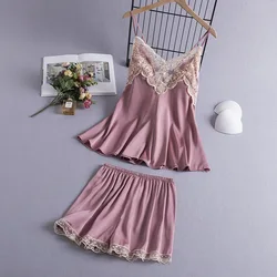 Women Suspender Pajamas Set New Summer Sleepwear Sexy Patchwork Lace Strap Top&Shorts Intimate Lingerie Thin Rayon Home Clothes
