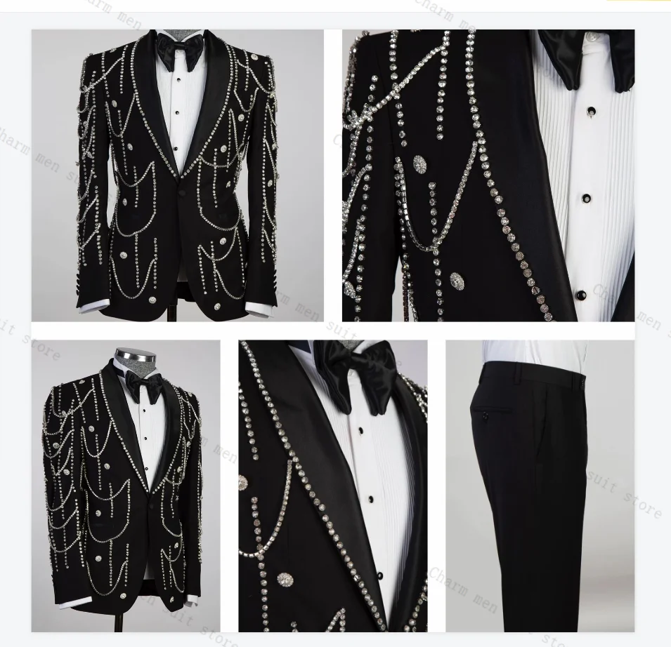 

Crystals Luxury Men Suits Set 2 Pieces Black Blazer+Pants Trousers Wedding Tuxedos Formal Office Cotton Groom Prom Jacket Coat