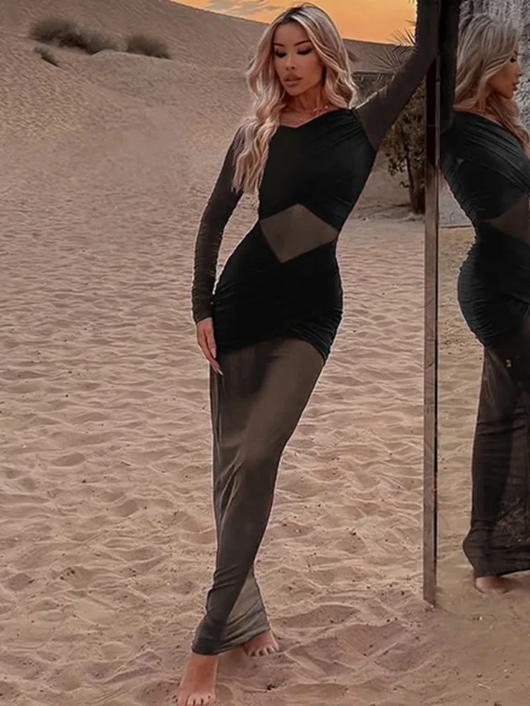 XIAOTANG エレガントな長袖メッシュパッチワークシアードレス女性のセクシーなスリムフィットパーティークラブイブニングドレス秋冬新ビーチウェア