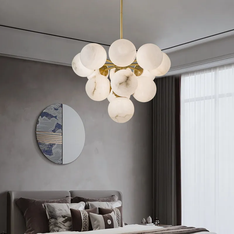 Spanish Natural Marble Chandelier Minimalist Living Room Bedroom Staircase Marble Sphere Magic Bean Pendant Lamp Dining Room