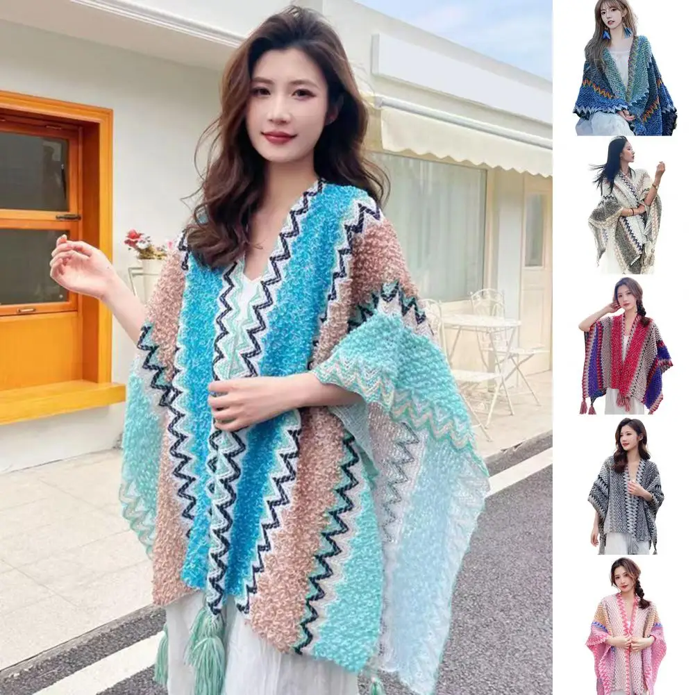 Boho Vacation Shawl With Fringes Ethnic Style Patchwork Color Women Scarf Holiday Colorful Striped Shawl For Autumn Winter