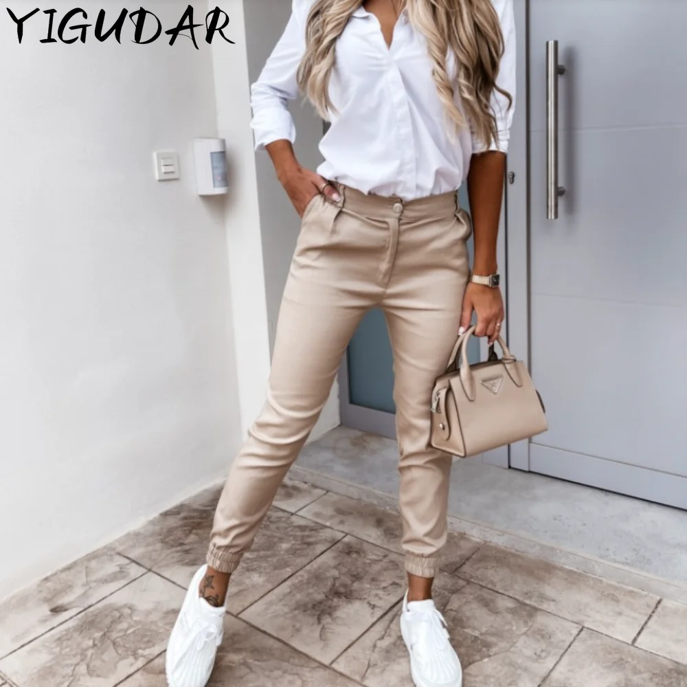 

Офисные женские узкие брюки-карандаш, женские брюки до щиколотки с высокой талией и пуговицами на молнии, осенняя мода, повседневные женские штаны 2025