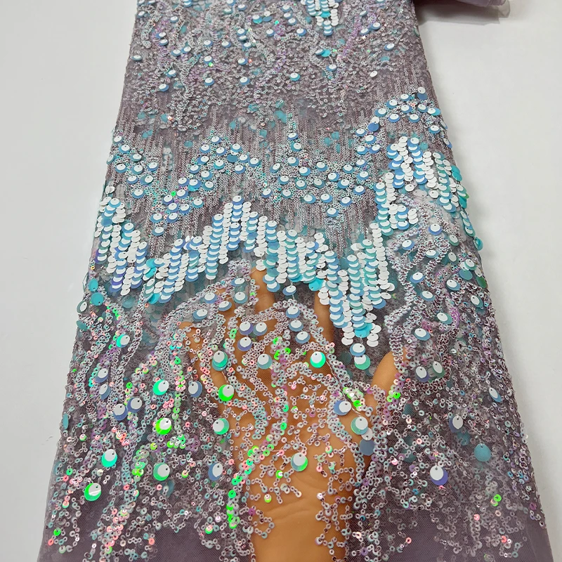 French luxurious lace mesh fabric, African high-quality large sequined willow sequined embroidered lace fabric for evening gowns