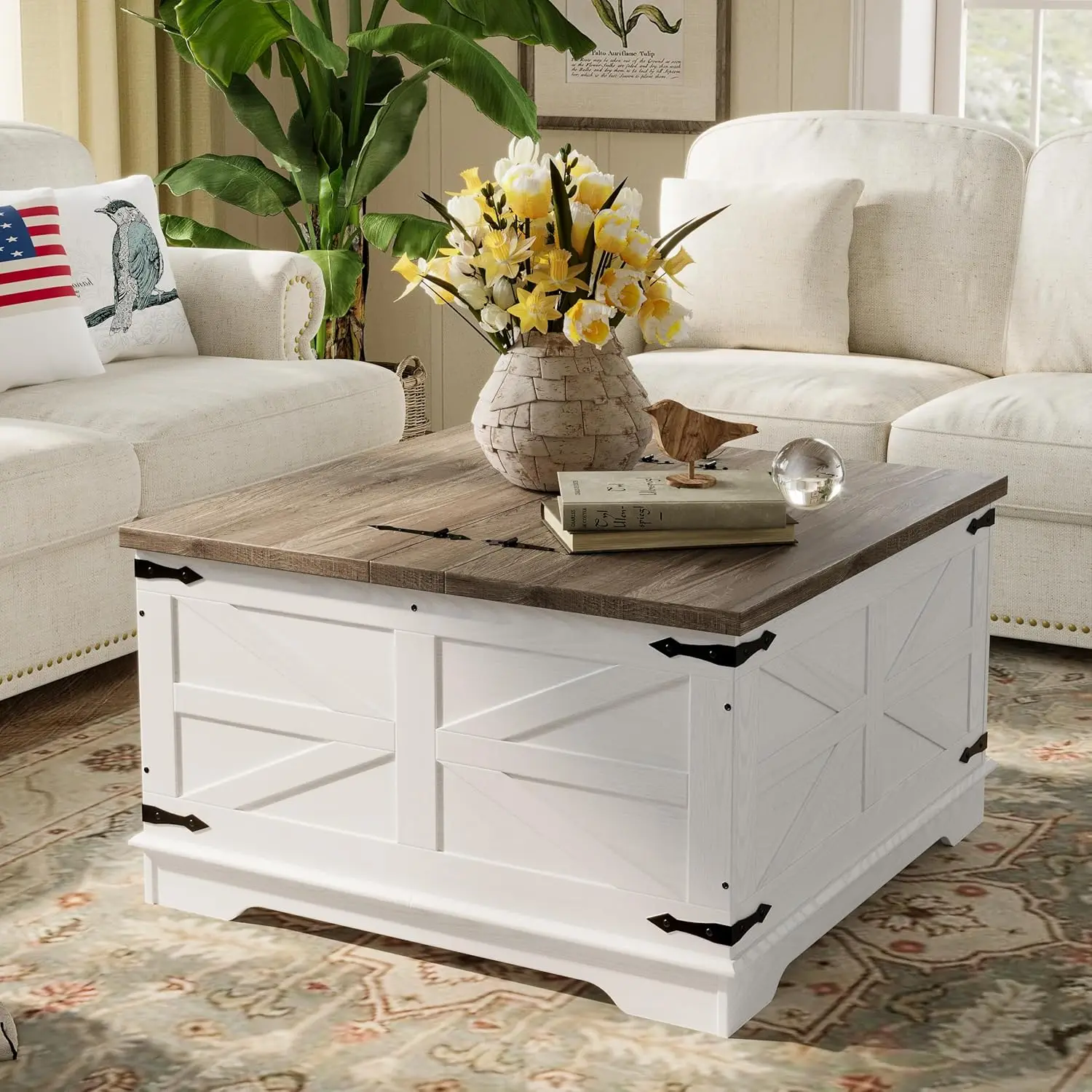 

Farmhouse Coffee Table, Heavy-Duty Coffee Table With Storage, Square Wood Center Table Set For Living Room