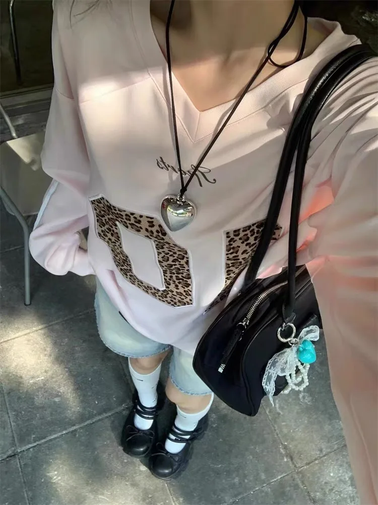 HOUZHOU Y2k Leopard Print Pink Sweatshirts Women Vintage Oversized Jersey Tops Sports Pullovers Streetwear Harajuku Aesthetic