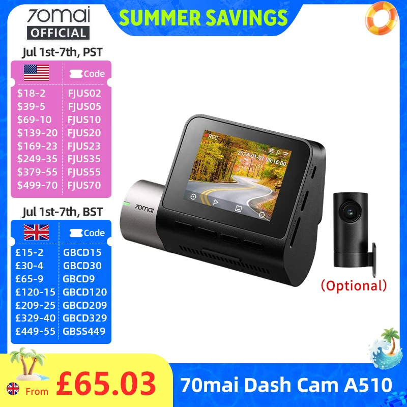 Global Version 70mai Dash Cam A510 1944P 3K Image HDR GPS ADAS 140FOV 24H Parking 4G Car DVR 70mai A510 Support Rear Cam