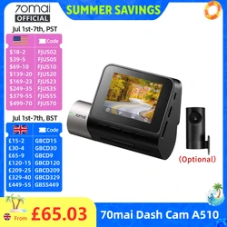 Global Version 70mai Dash Cam A510 1944P 3K Image HDR GPS ADAS 140FOV 24H Parking 4G Car DVR 70mai A510 Support Rear Cam