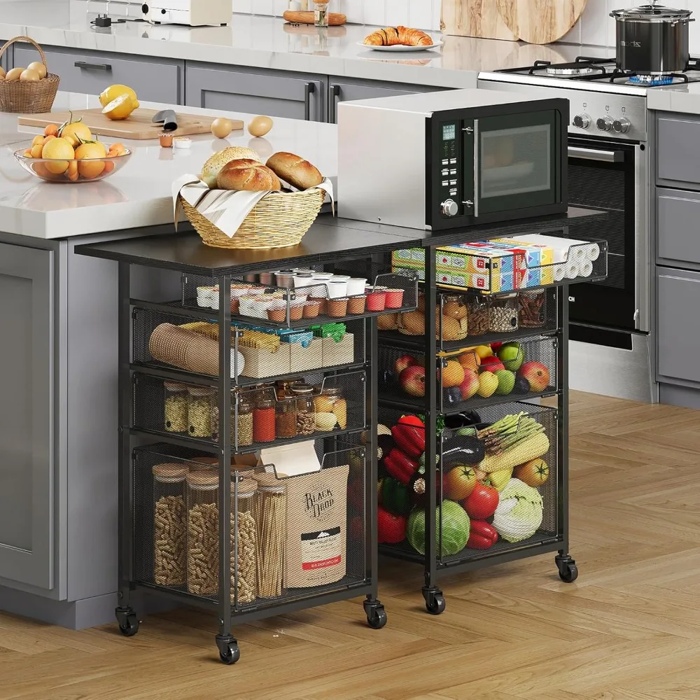 4-Tier Rolling Kitchen Microwave Cart - Kitchen Organizer and Storage Rack with Lockable Wheels, Metal Wire Fruit Utility Cart