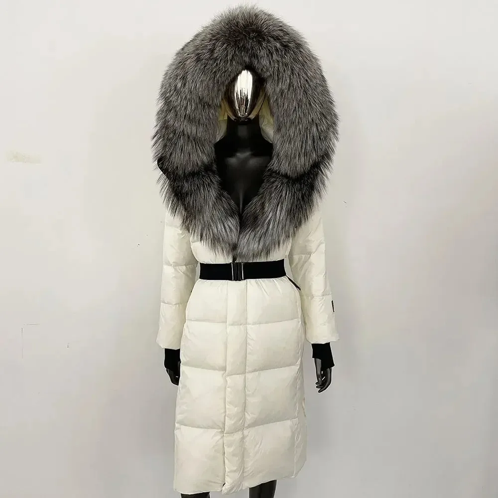 

White Duck Down Jacket Women Winter Thick Autumn Hat Detachable X-long Overwears Down Coat Real Fox Fur Collar Hooded Fur Jacket