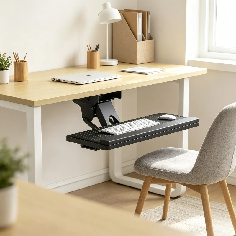 Sturdy Under-desk Keyboard Tray, Pull-out Drawer with Mouse Pad, Rotary Lift Stand, Telescopic Extension Bracket for PC Desk Use