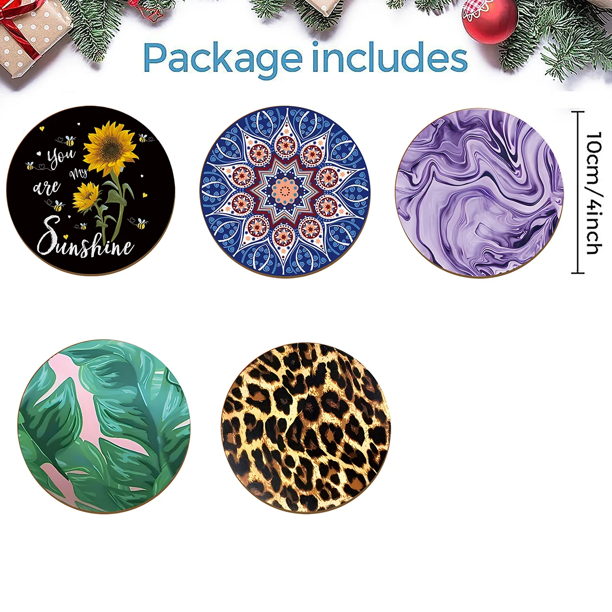 6 wooden anti-slip and heat-insulating coasters with mandala flower themes, gifts for the New Year's gathering in the living roo