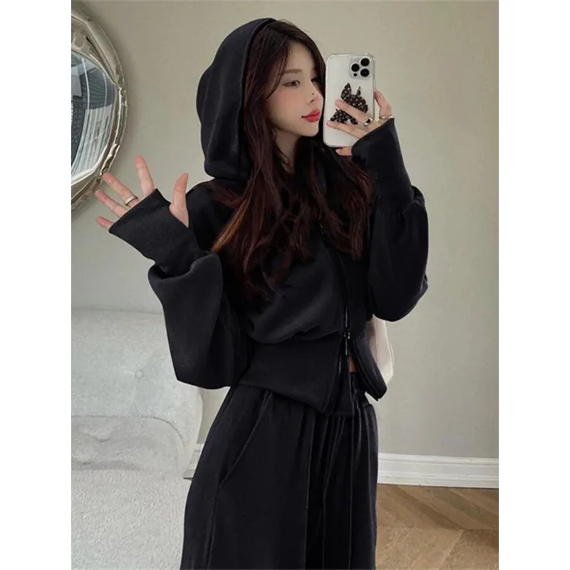 Casual Hooded Sweatshirts Tracksuit Women Coat Double Zip Up Crop Top Drawstring Waist Sweatpant Harem Pants 2 Piece Sets N441