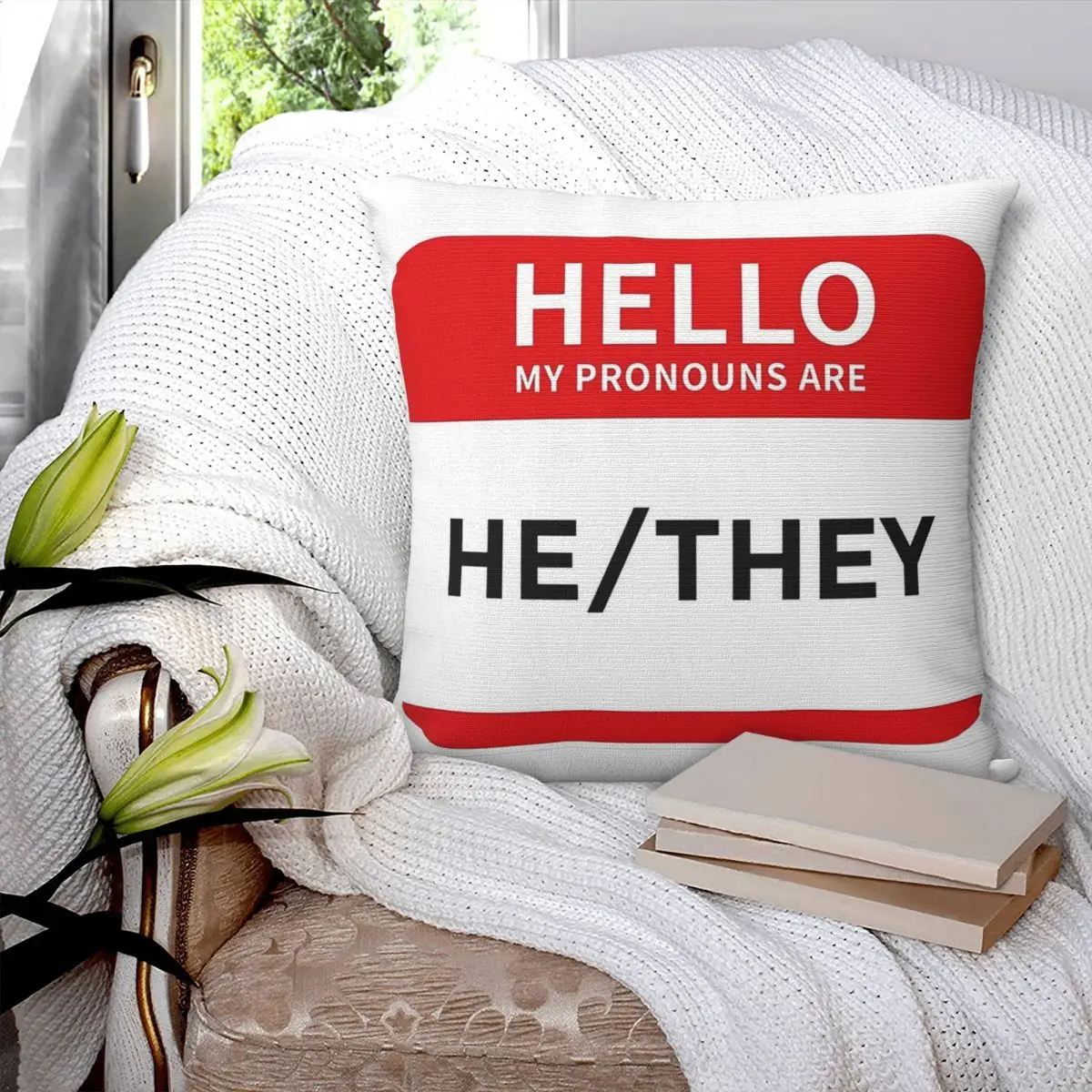 Hello My Pronouns Are He They Square Pillowcase Pillow Cover Polyester Cushion Zip Decorative Comfort Throw Pillow for Home Car