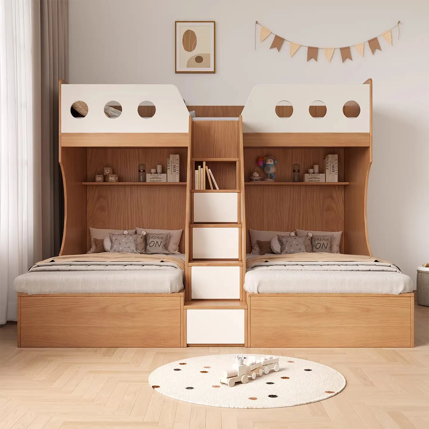 Modern Durable Eco-Friendly Triple Bunk Bed with Wood Construction and Linen Upholstery for 3 Kids and Children's Bedroompromote