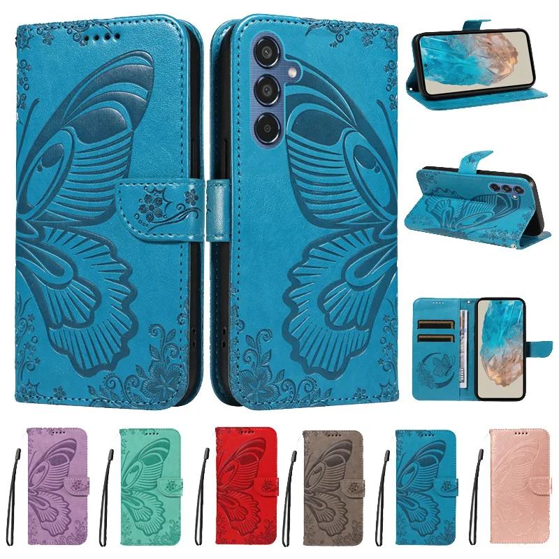 Handbag Leather Case for Samsung Galaxy F62 F23 F22 F15 Luxury Butterfly Pattern Wrist Strap Anti Drop Book Flip Cover Funda