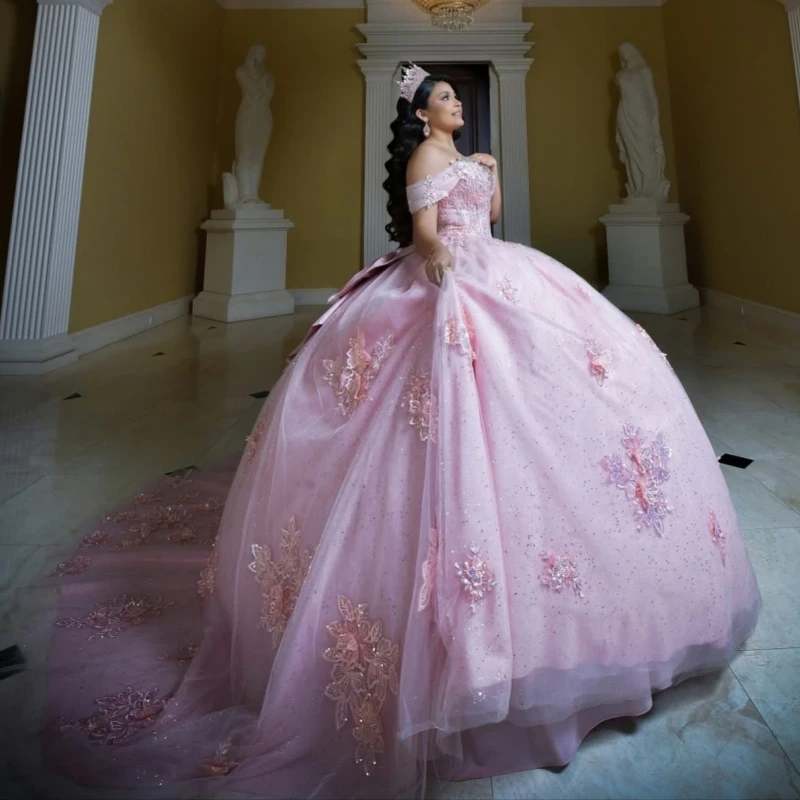 

Pink Shiny Quinceanera Dresses Off The Shoulder Applique Lace Beads Bow Tull Corset Party Birthday Sweet 16 Dres Vestidos 15