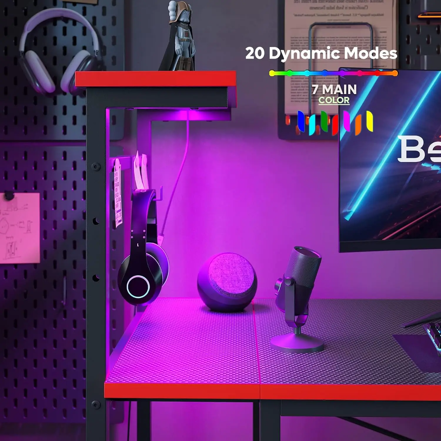 Gaming Desk LED Lights, 51.3 Inch Computer Desk, 4 Tiers Shelves, Storage Bag, Hooks, Adjustable Shelf, Black, Customized