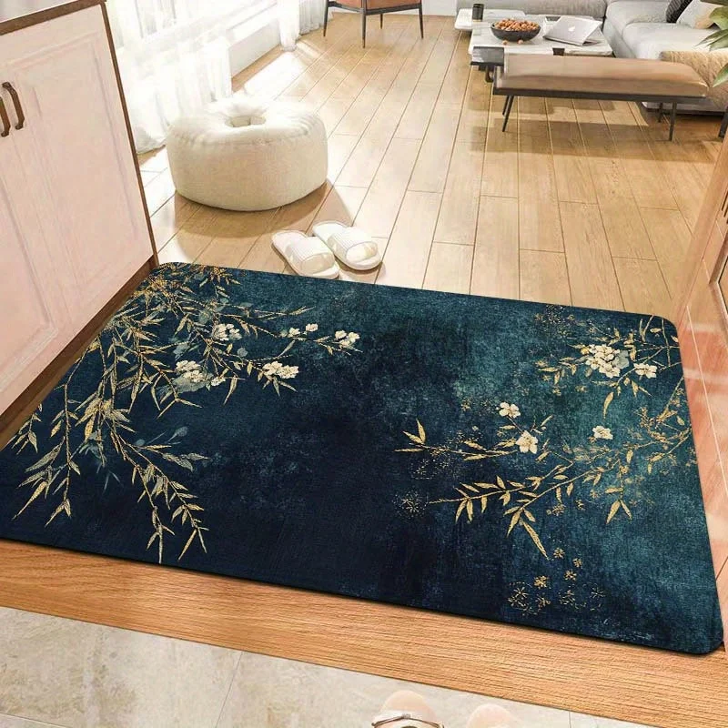 VIKAMA Minimalist Foliage And Flower Pattern Rendered Gaming Room Floor Mat, Bathroom, Living Room, Bedroom, Carpet, Home Decor